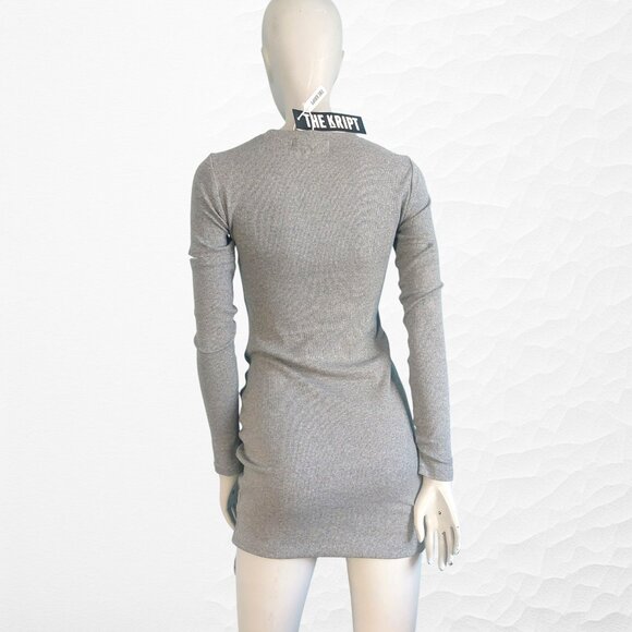 The Kript Ruched Bodycon Mini Dress Gray Large Long Sleeves Ribbed Knit NEW - Picture 5 of 10